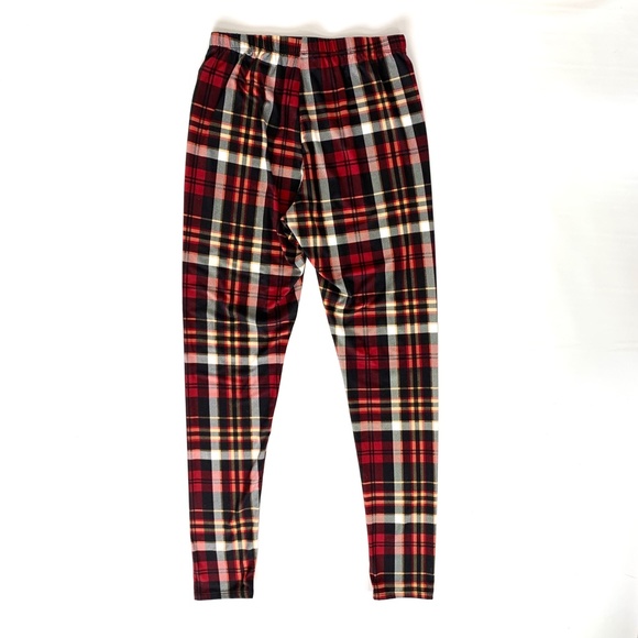 Red Black Plaid Leggings Stretch Pants - Picture 3 of 4